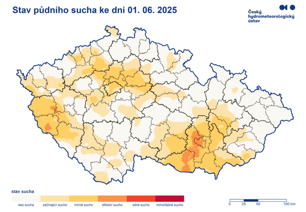 Stav půdního sucha ke dni 1. 6. 2025 0